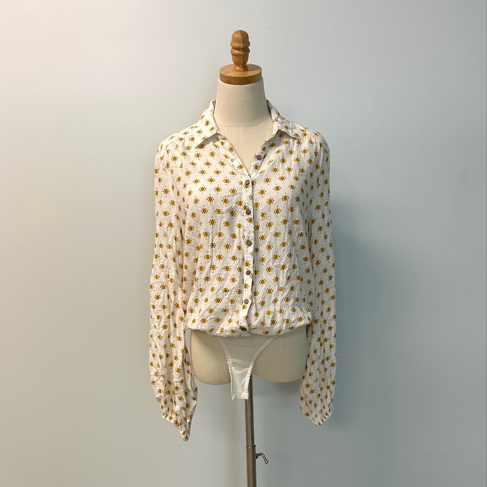Free People Intimates Printed Long Sleeve Button Gold Bodysuit